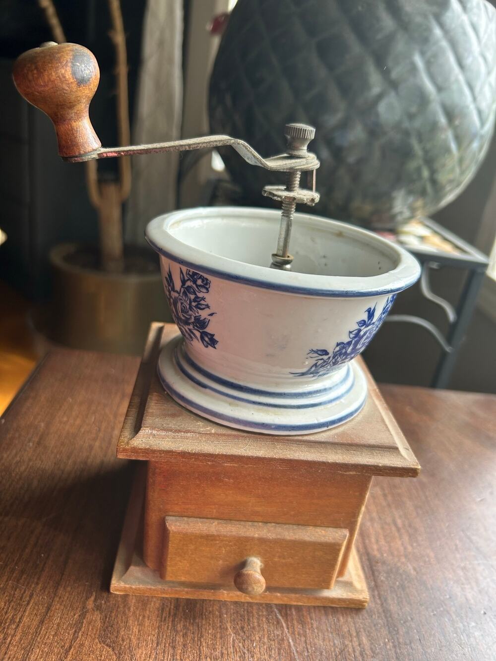 Vintage Manual Coffee Grinder Wooden Base Ceramic Blue Floral Rose Hand Crank